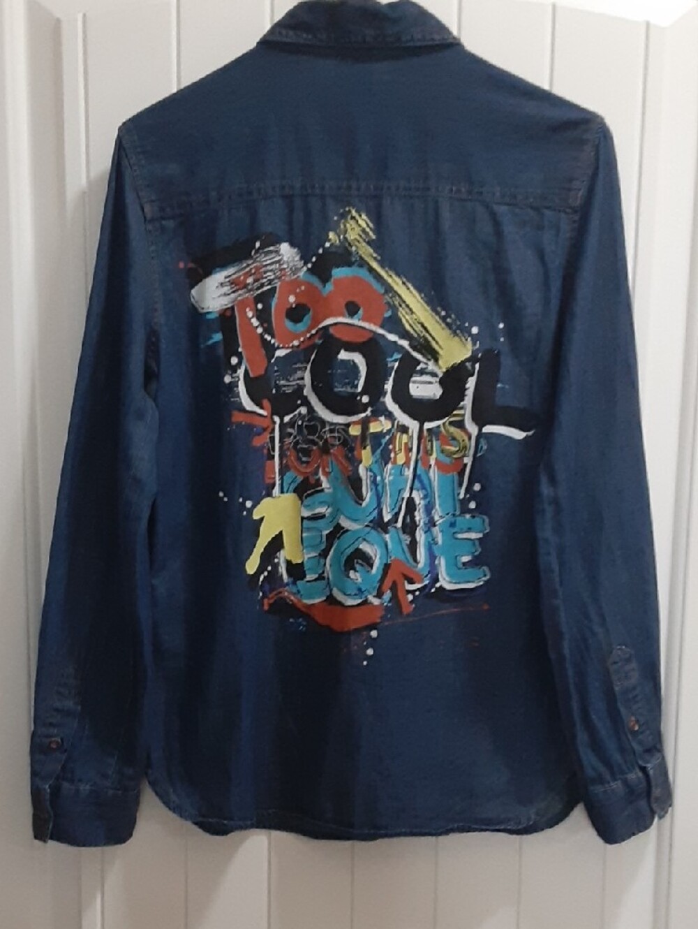 Zara Basic Z1975 "Too Cool For This Guateque" Graphic Denim Shirt XS